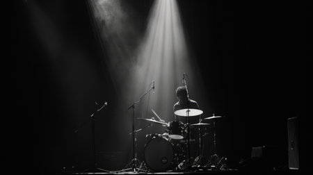 A lone musician lost in the rhythm, spotlighted against a deep black backdrop, igniting the stage.の素材