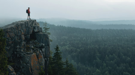 A hiker standing atop a rocky outcrop, gazing out over a vast expanse of forest below.の素材