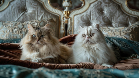 A pair of fluffy Persian cats sitting regally on a luxurious bed with a velvet blanket, in a room with elegant, classic decor.の素材