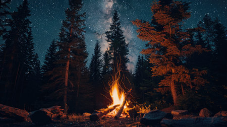 A campfire crackling under a starry night sky, surrounded by towering trees in the forest.の素材