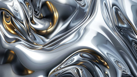 Abstract liquid metal texture with swirling silver and gold hues.の素材