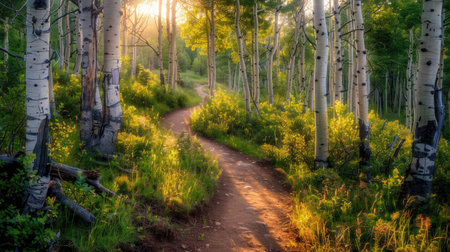 A winding hiking trail leading through a vibrant forest, with sunlight streaming through the trees.の素材