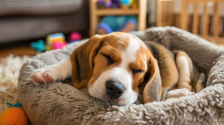 A cute Beagle puppy sleeping soundly on a soft dog bed, surrounded by a few scattered toys in a cozy living room.の素材