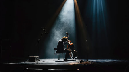 A lone musician lost in the rhythm, spotlighted against a deep black backdrop, igniting the stage.の素材