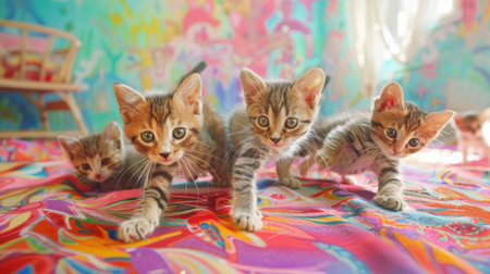 A group of playful kittens tumbling over each other on a vibrant, patterned rug in a cheerful, colorful nursery room.の素材