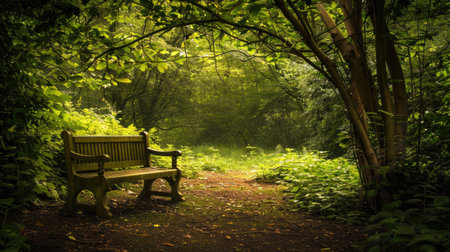 A quaint wooden bench nestled beneath a canopy of trees, offering a peaceful retreat in the forest.の素材