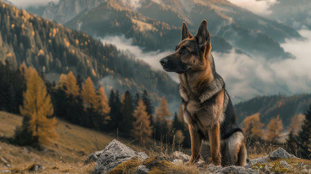 A majestic German Shepherd on a mountain trail, looking into the distance with a beautiful landscape of trees and hills behind.の素材