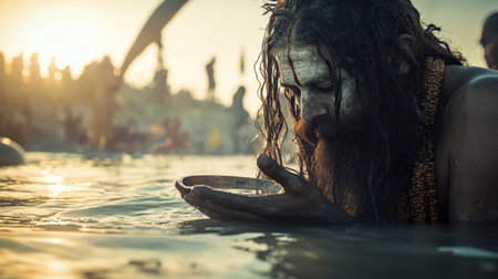 A serene Hindu mystic engages in a ritual at a sacred river, captured during sunrise. The soft light enhances the tranquil atmosphere, showcasing profound devotion.の素材