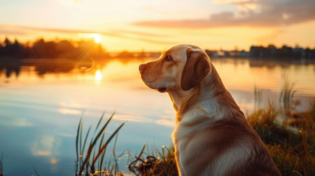 A serene Labrador Retriever sitting by a calm lake at sunset, with the water reflecting the warm colors of the sky.の素材