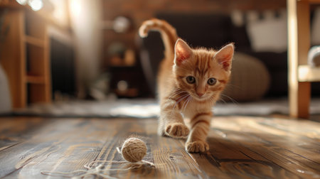 A playful orange tabby kitten chasing a ball of yarn across a wooden floor, with a rustic, cozy living room in the background.の素材