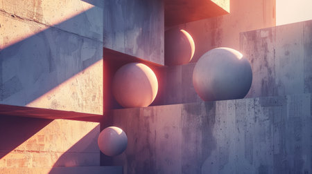 Abstract 3D geometric shapes with shadows creating a sense of depthの素材