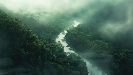 A winding river cutting through the heart of a dense, misty forest, shrouded in mysteryの素材