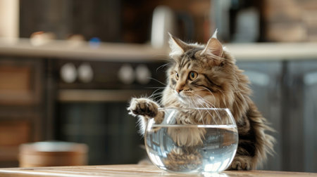 A fluffy Maine Coon cat curiously peering into a fishbowl, with its paw gently touching the glass, in a homey kitchen setting.の素材