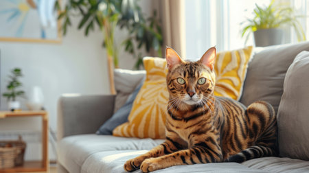 A sleek Bengal cat with striking markings sitting majestically on a modern, minimalist couch in a stylish, well-lit living room.の素材