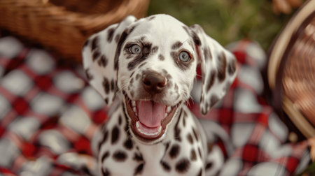 A close-up of a playful Dalmatian puppy with a big smile, sitting on a checkered picnic blanket with a basket in the background.の素材