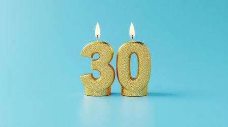 Bright and cheerful golden glittery candles shaped as number thirty with flames, perfect for celebrating a birthday or special milestone occasion.の素材