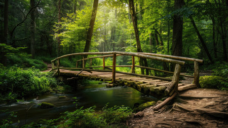 A wooden footbridge traversing a tranquil stream, surrounded by lush forest scenery.の素材