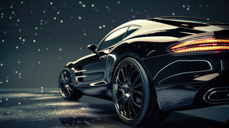 A sleek luxury car gleaming under the moonlight against a glossy black backdrop, embodying elegance.の素材