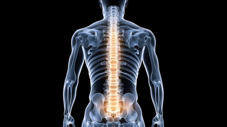 Detailed illustration of the human spine and vertebral column, showcasing anatomical structures. Ideal for medical education, research, and health awareness.の素材