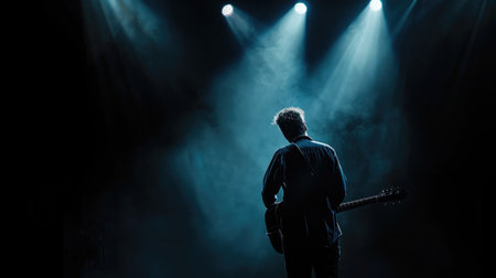 A lone musician lost in the rhythm, spotlighted against a deep black backdrop, igniting the stage.の素材