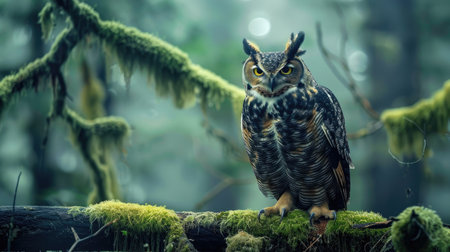 A majestic owl perched on a moss-covered branch, surveying its domain in the forest.の素材