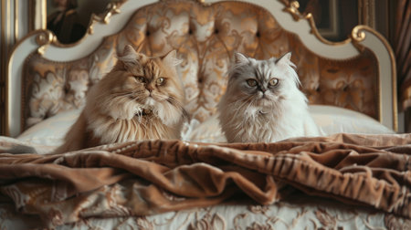 A pair of fluffy Persian cats sitting regally on a luxurious bed with a velvet blanket, in a room with elegant, classic decor.の素材