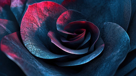 A stunning close-up image of dark rose petals infused with deep red and blue highlights, capturing the intricate textures and beauty of the flower.の素材