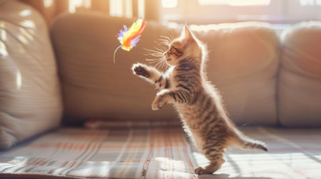 A playful tabby kitten jumping in the air while trying to catch a colorful feather toy, with a bright, sunlit living room in the background.の素材