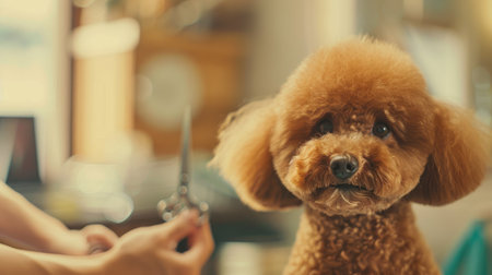A stylish Poodle getting groomed at a professional pet salon, with the groomer using scissors and brushes, in a bright and clean space.の素材