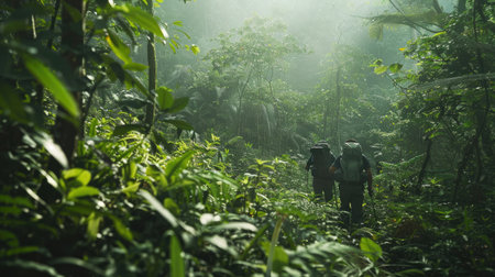 A pair of adventurous explorers trekking through dense undergrowth in the heart of the forest.の素材