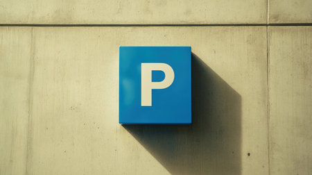 A blue parking sign featuring a prominent white letter "P" casts a shadow on a smooth concrete wall, symbolizing parking facilities in urban settings.の素材