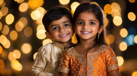 Two joyful children pose together with bright smiles, surrounded by blurred lights, capturing the essence of happiness and innocence during a festive celebration.の素材