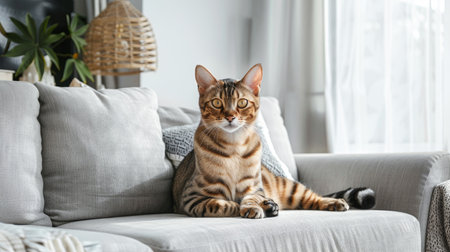 A sleek Bengal cat with striking markings sitting majestically on a modern, minimalist couch in a stylish, well-lit living room.の素材