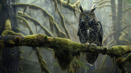 A majestic owl perched on a moss-covered branch, surveying its domain in the forest.の素材