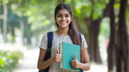 A cheerful student stands in a lush green park, holding books with a thumbs up gesture, radiating confidence and positivity, reflecting a joyful academic journey.の素材