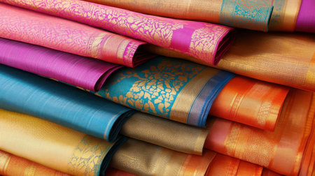 A stunning display of vibrant textiles showcasing intricate patterns and rich colors, perfect for fashion design or cultural themes. Beautifully crafted fabrics.の素材