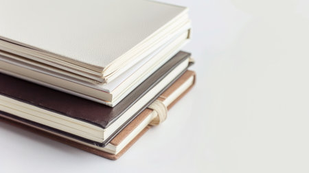 A stack of blank notebooks awaiting inspiration, set against a clean white backdrop.の素材