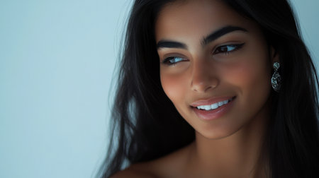 A striking portrait of a beautiful young woman, showcasing her radiant smile and long dark hair. The soft lighting emphasizes her features and elegance.の素材