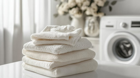 A serene laundry room scene featuring neatly stacked soft white towels. The bright interior radiates cleanliness and coziness, ideal for a fresh start.の素材