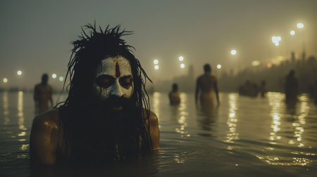 A contemplative moment captured at dawn in a sacred river, showcasing an individual engaged in a spiritual ritual surrounded by mist and soft lights.の素材