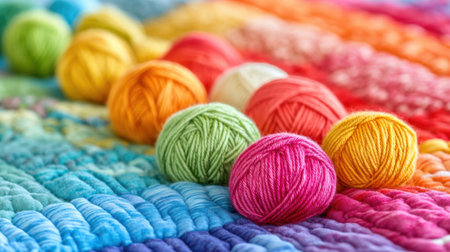 A visually striking arrangement of colorful yarn balls sits on a textured background, perfect for showcasing creativity and inspiration in crafting projects.の素材