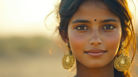 A captivating portrait of a young woman wearing traditional earrings, set against a scenic outdoor backdrop. Her expression reflects warmth and serenity.の素材