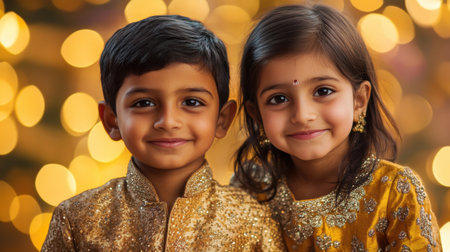 Two joyful children pose together, radiating happiness against a sparkling background. Their traditional attire glimmers, symbolizing celebration and togetherness.の素材