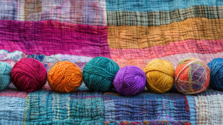 A visually appealing arrangement of colorful yarn balls sits against a textured quilt. This image highlights creativity and warmth, perfect for crafting enthusiasts.の素材