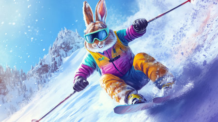 A lively cartoon rabbit dressed in vibrant ski gear captures the thrill of winter sports while skiing down a snowy slope in a colorful winter landscape.の素材