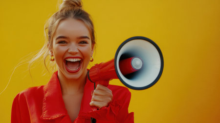A cheerful young woman holds a megaphone, radiating energy and joy against a bright yellow backdrop. This vibrant image captures excitement and enthusiasm.の素材