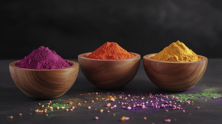 This image showcases vibrant natural colored powders displayed in wooden bowls, creating an appealing contrast against a dark background, perfect for culinary and artistic uses.の素材