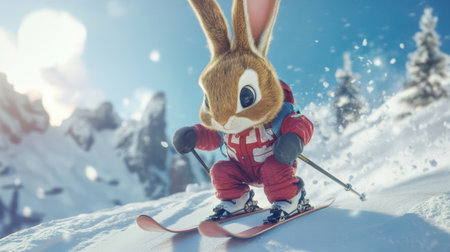 This charming illustration features a cute cartoon bunny skiing down a snowy slope. The vibrant winter landscape and playful character capture the essence of adventure and fun.の素材