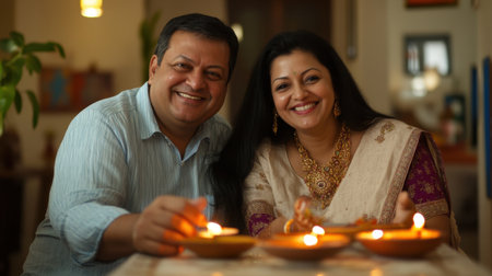 A joyful couple celebrates a traditional festival at home, surrounded by candles, smiles, and cultural attire, encapsulating warmth and togetherness.の素材