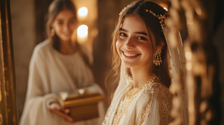 A beautiful young bride smiles radiantly in a historic setting, showcasing intricate attire and elegant accessories. The soft lighting enhances her joyful expression, creating a serene and captivating atmosphere.の素材